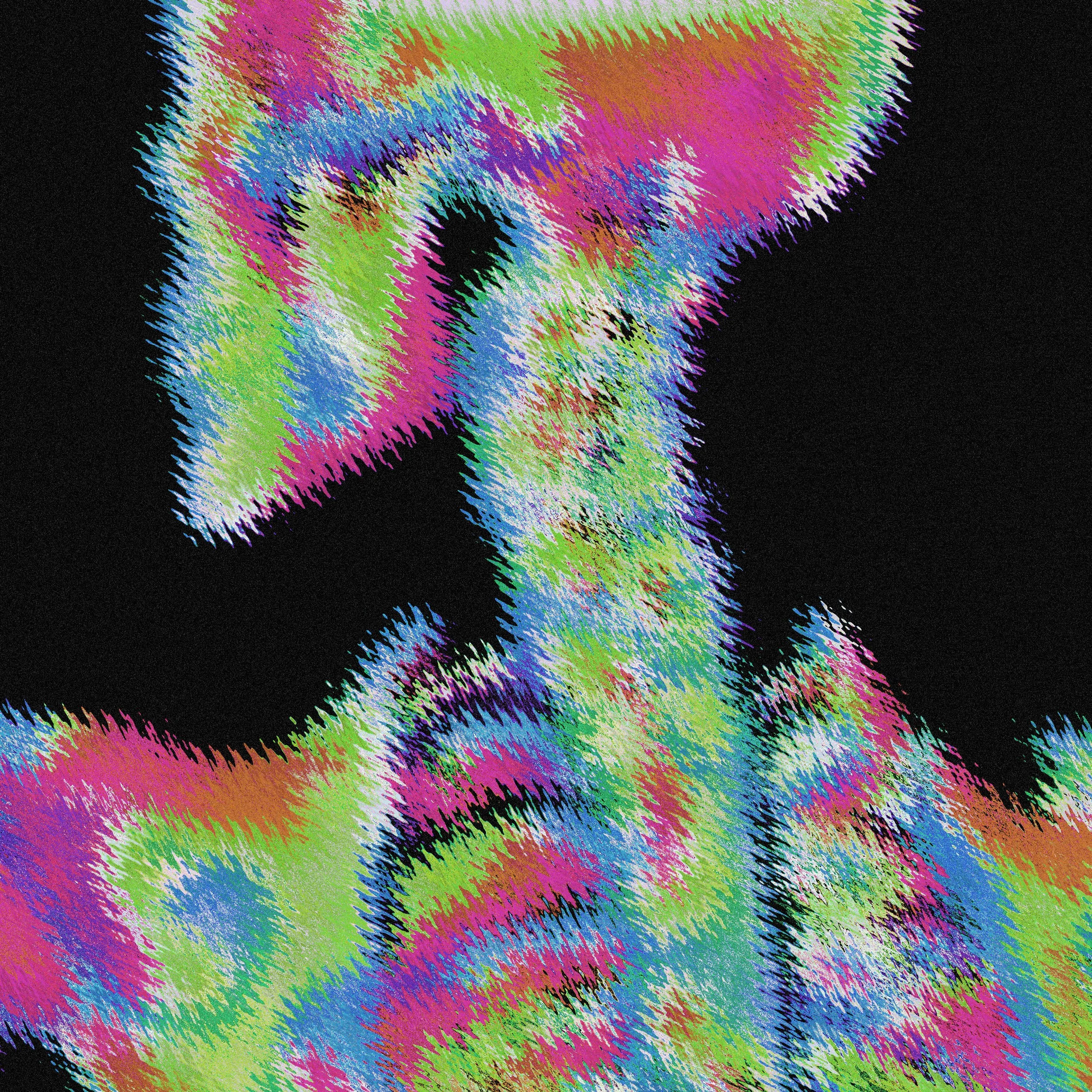 Abstract digital art featuring vibrant, jagged strokes in pink, green, blue, purple, orange, and black against a black background.