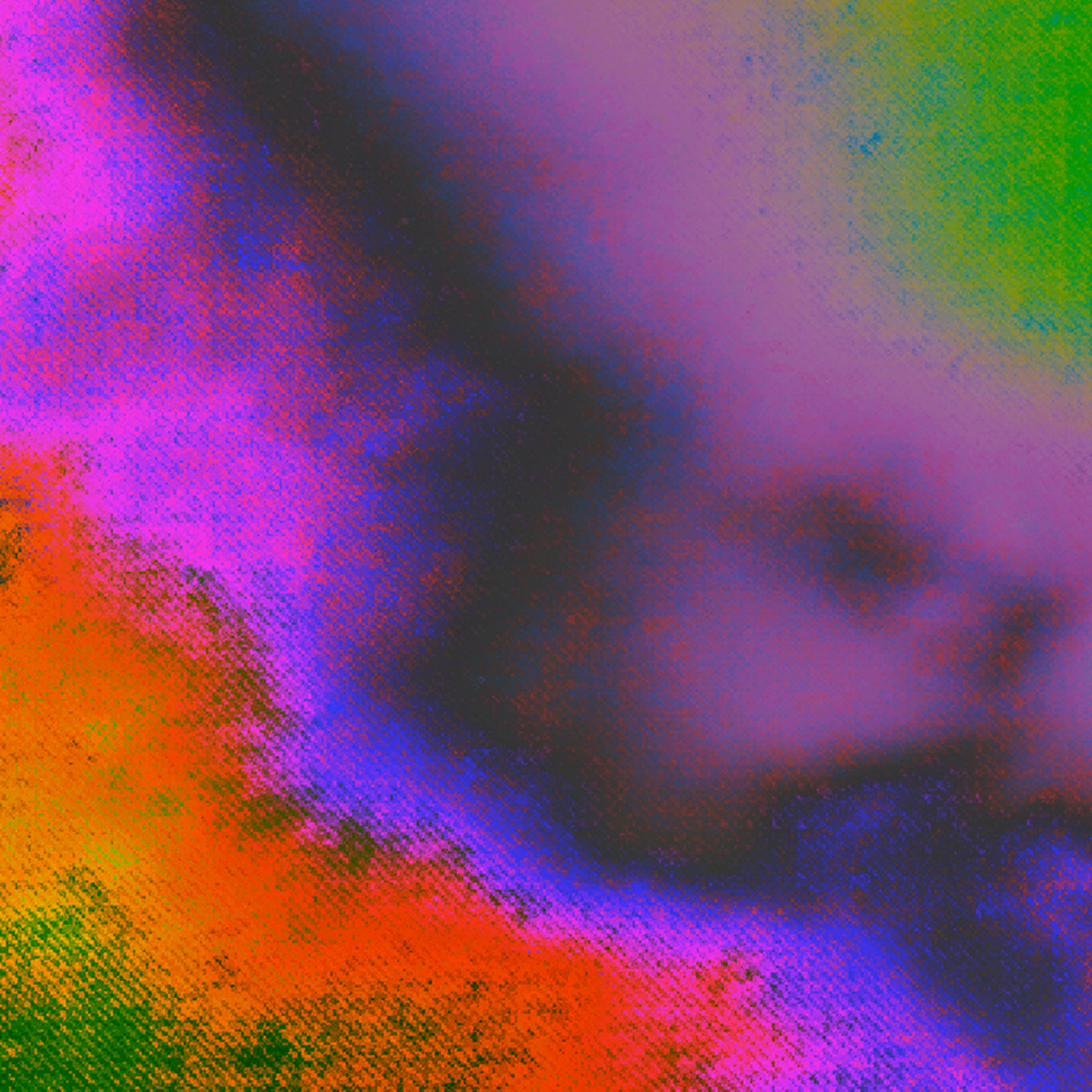 Abstract digital art with vibrant colors including pink, purple, blue, green, yellow, and orange, featuring a pixelated, gradient pattern.
