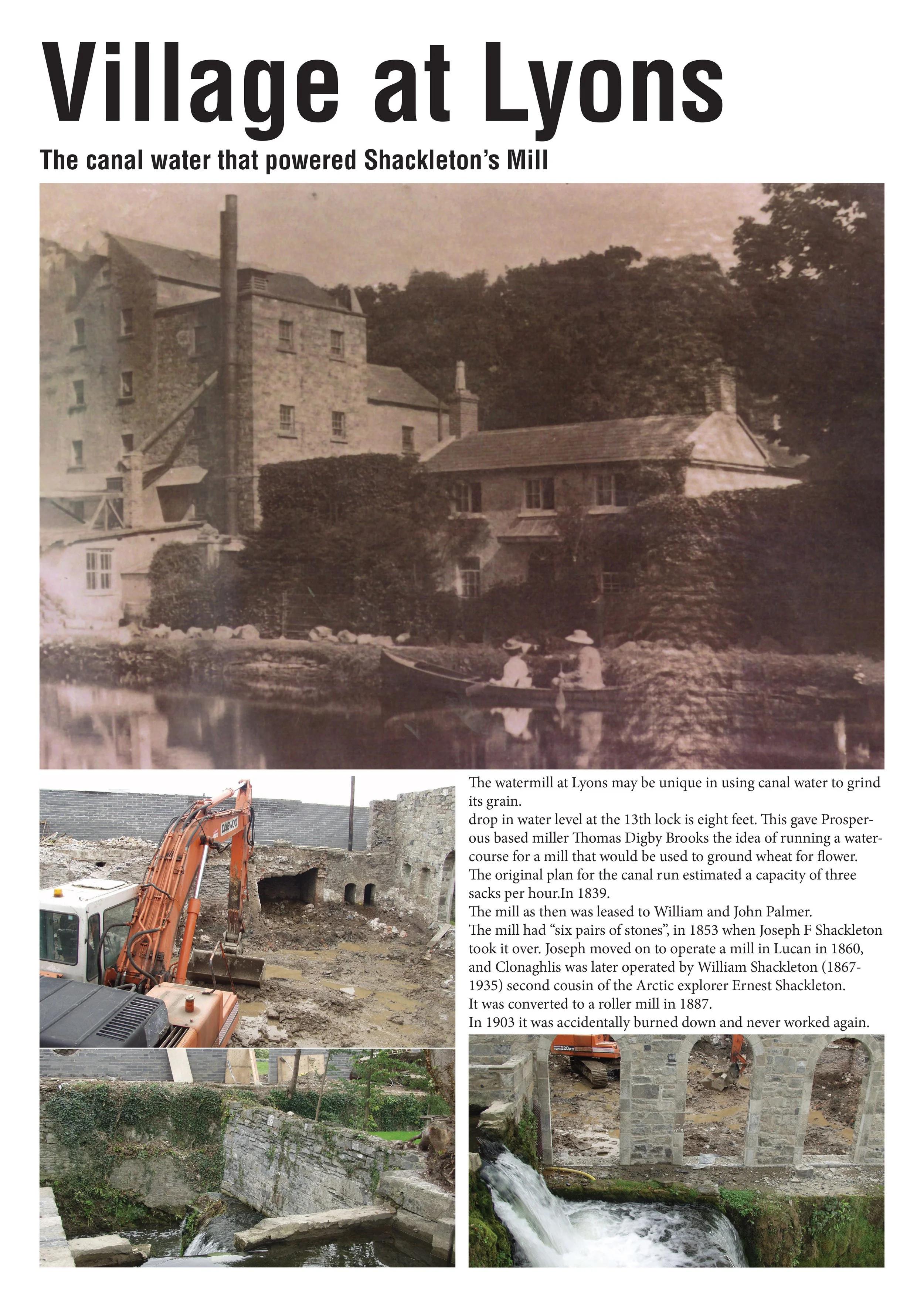 Historical black-and-white photo of Lyons with a canal and watermill, and modern images of construction and a water source at the site.