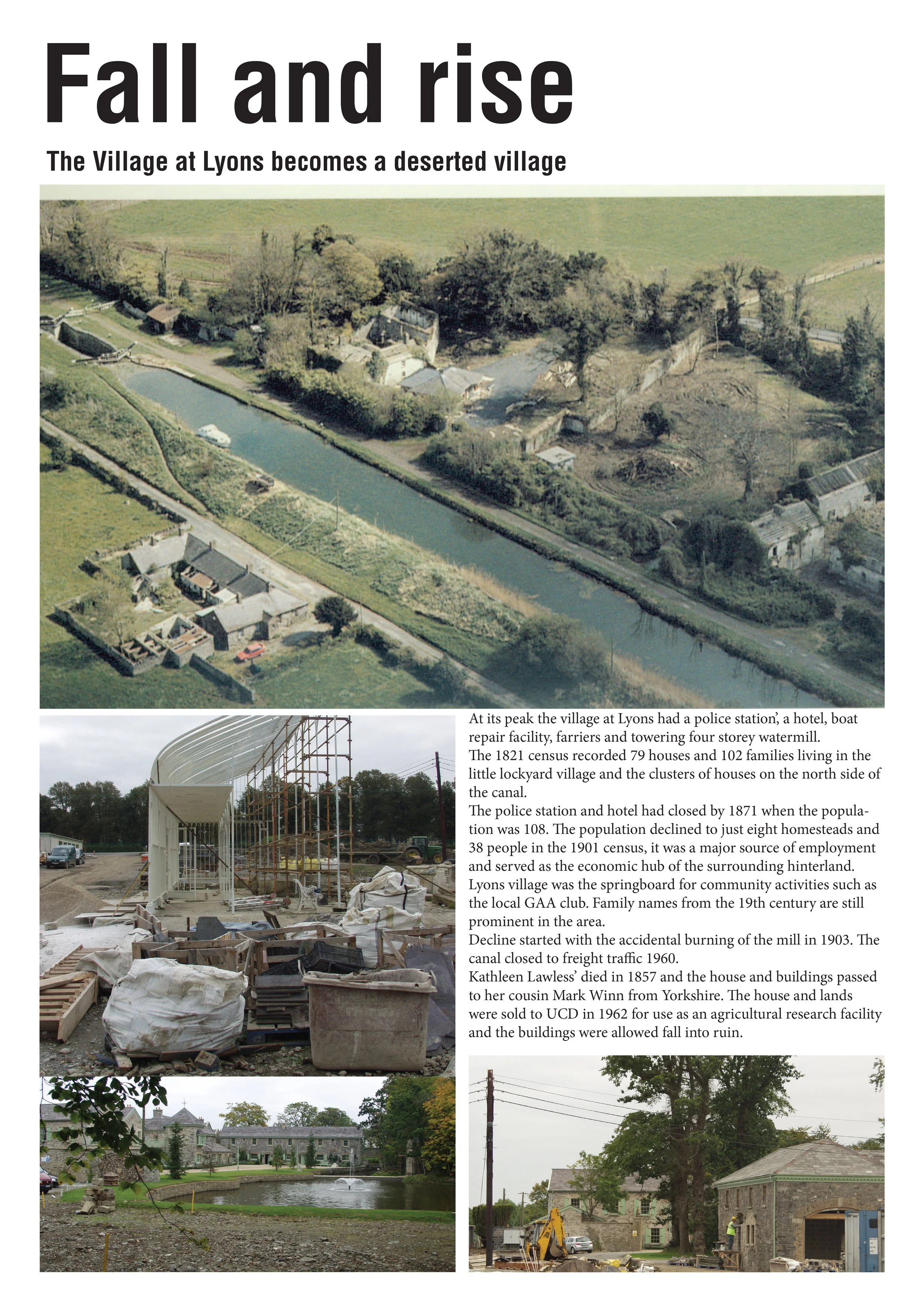 Aerial view of the village at Lyons with a canal, houses, trees, and green fields, depicting a deserted village scene.