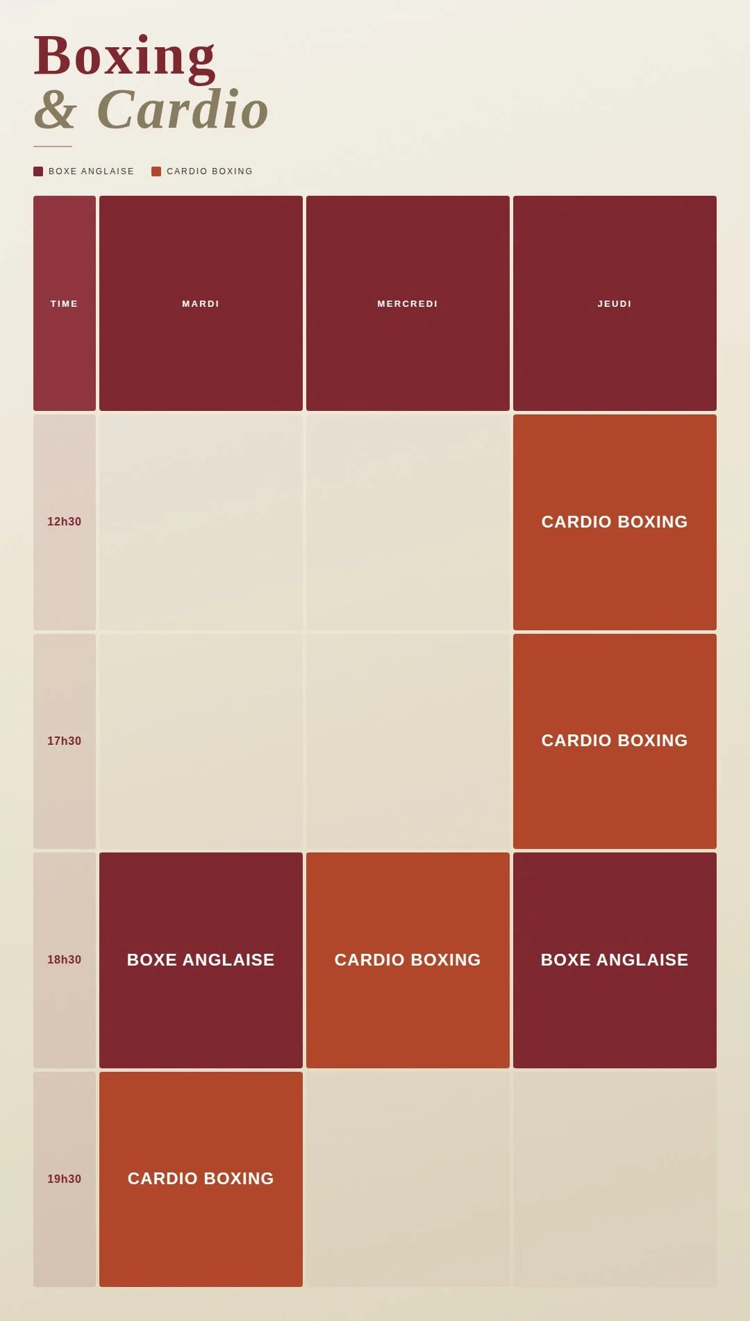 Planning cours Boxing et Cardio Boxing SFC Sports Fitness Center La Valette du Var