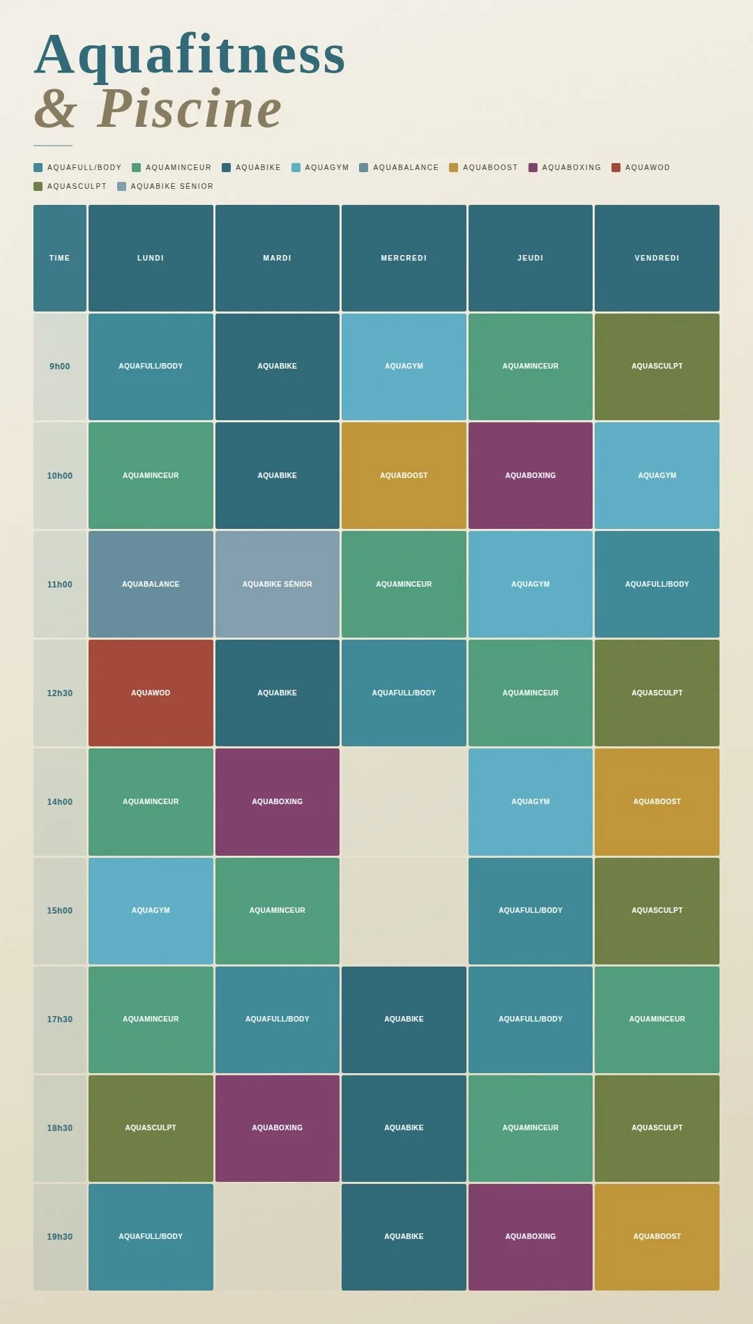 Planning cours aquafitness aquabike et piscine SFC Sports Fitness Center La Valette du Var