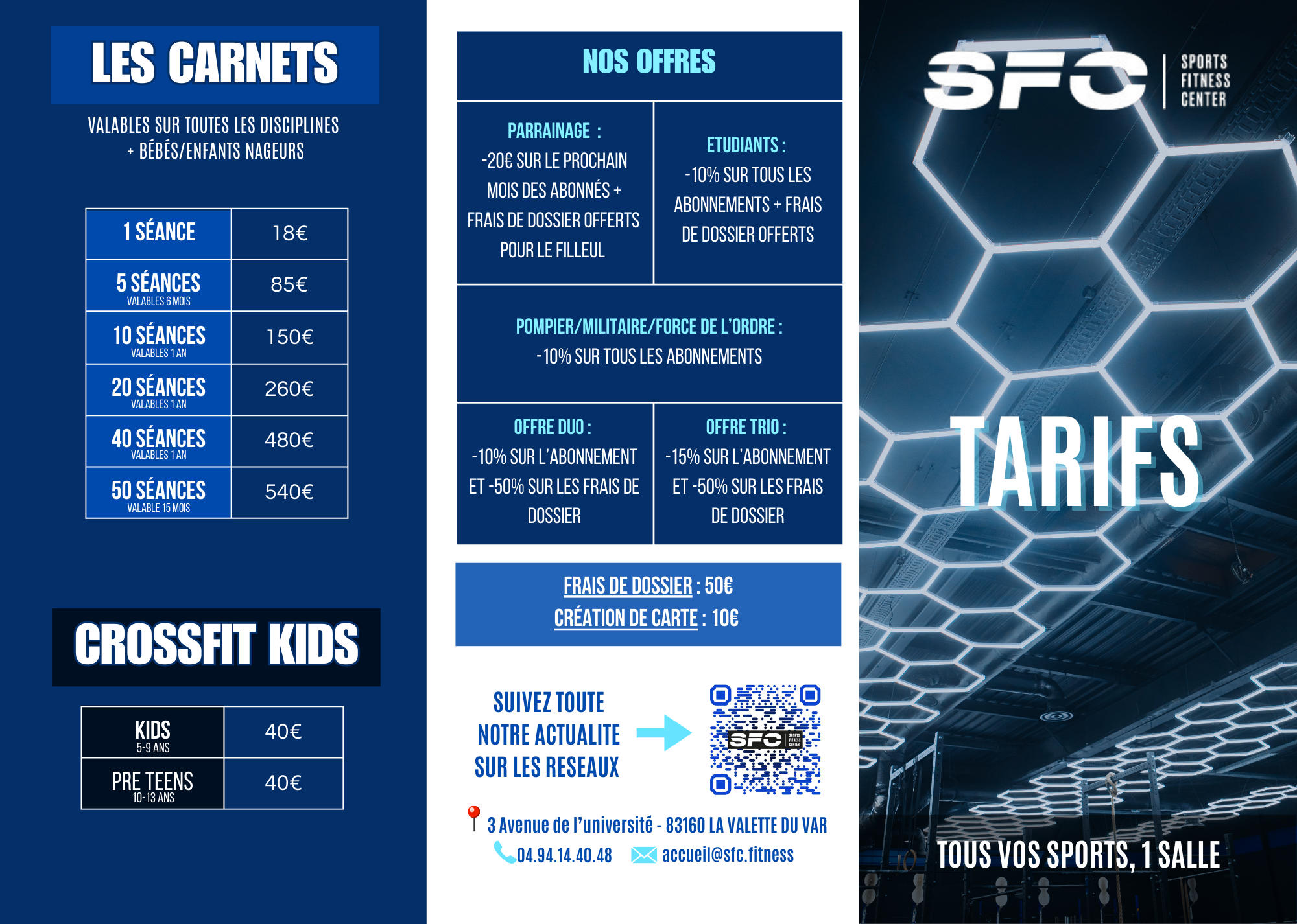Tarifs et offres pour le centre sportif SFC, avec liste de carnets d'abonnement, tarifs pour Crossfit Kids, et informations de contact.