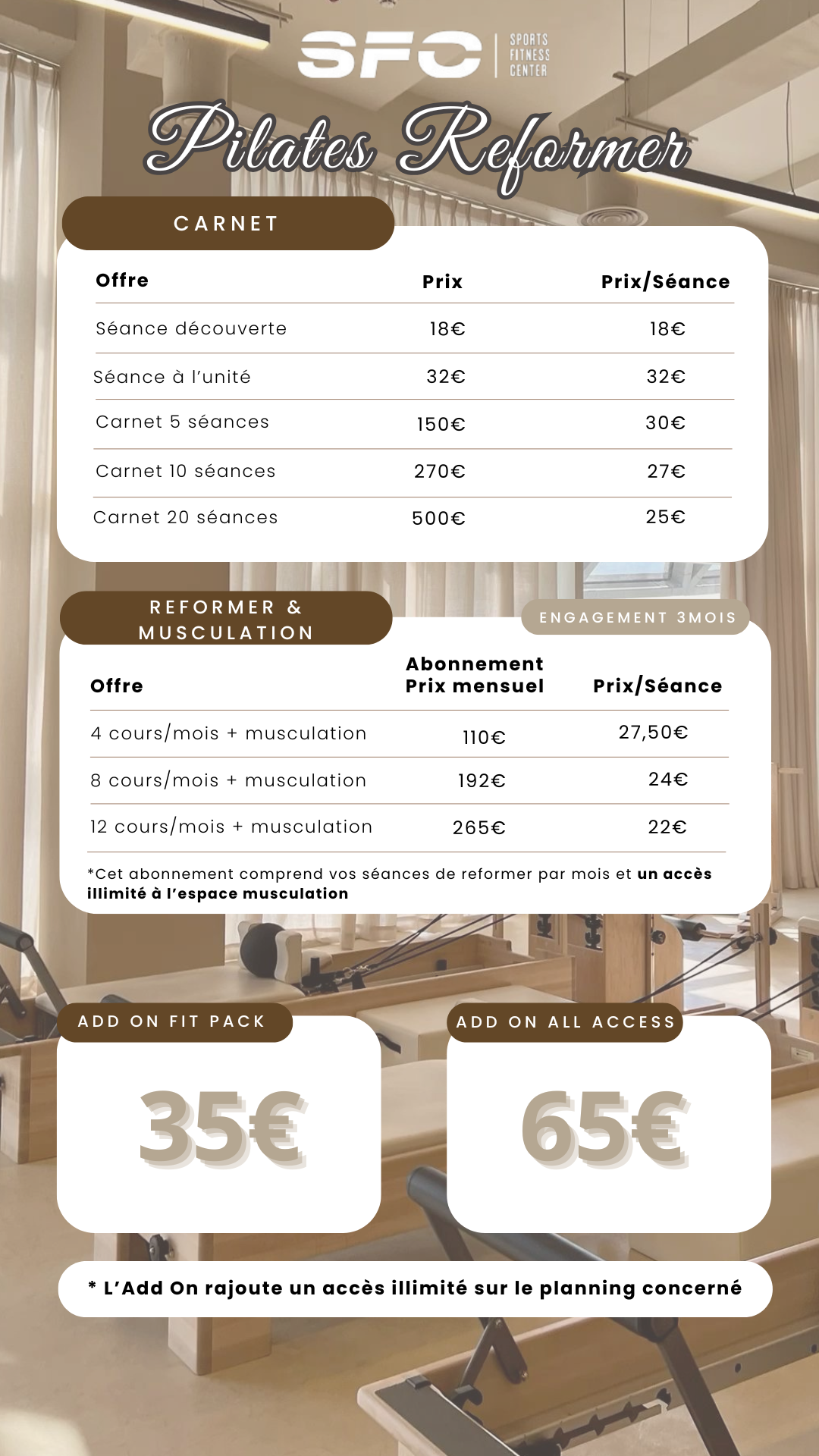 Tarifs et offres pour le centre de fitness Sports Fitness Center, notamment cours de Pilates, abonnements, packs, et accès illimité.