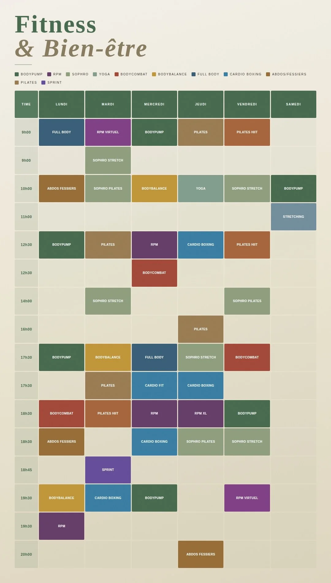 Planning cours Fitness et Bien-être SFC Sports Fitness Center La Valette du Var - BodyPump RPM Yoga stretching lesmils