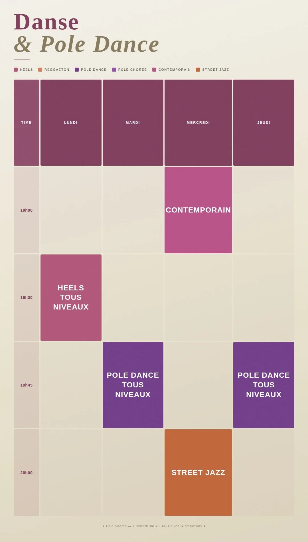 Planning cours Danse et Pole Dance SFC Sports Fitness Center La Valette du Var - Heels Reggaeton Street Jazz