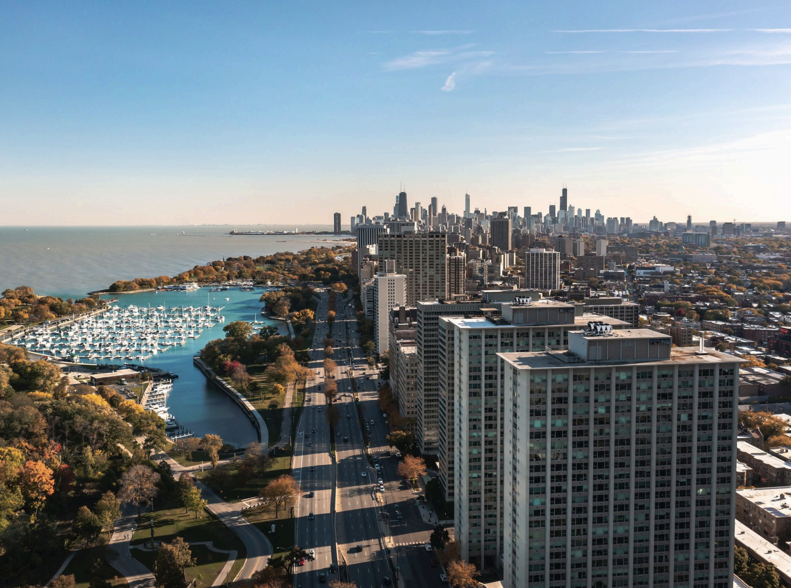 Aerial view of Chicago skyline and Lake Michigan with marina and autumn trees.