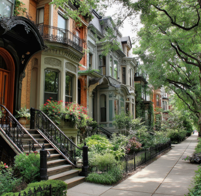Historic row homes in Lincoln park with ornate bay windows and porches, lush garden with flowers, and a tree-lined sidewalk.