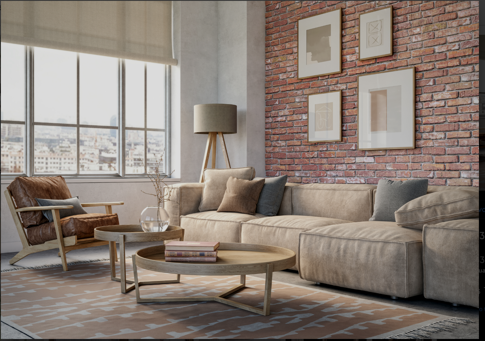 Modern living room with large window, beige sofa, brown leather armchair, wooden coffee tables, and a brick accent wall with framed artwork.