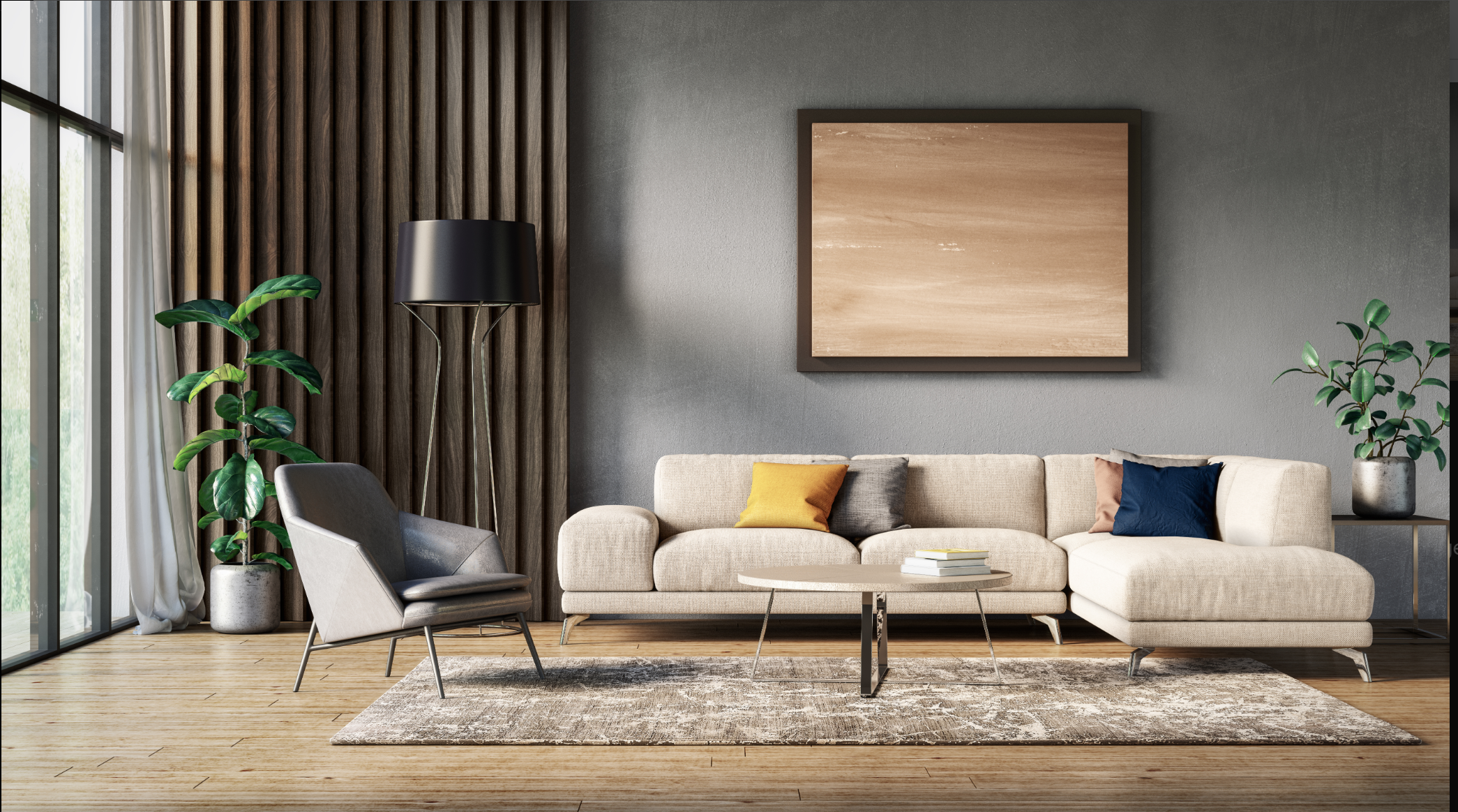 Modern living room with beige sectional sofa, colorful cushions, a gray armchair, a round coffee table with books, potted plants, and a large abstract wall art piece.