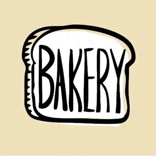 Illustration of a slice of bread with the word 'Bakery' written inside in bold black letters.
