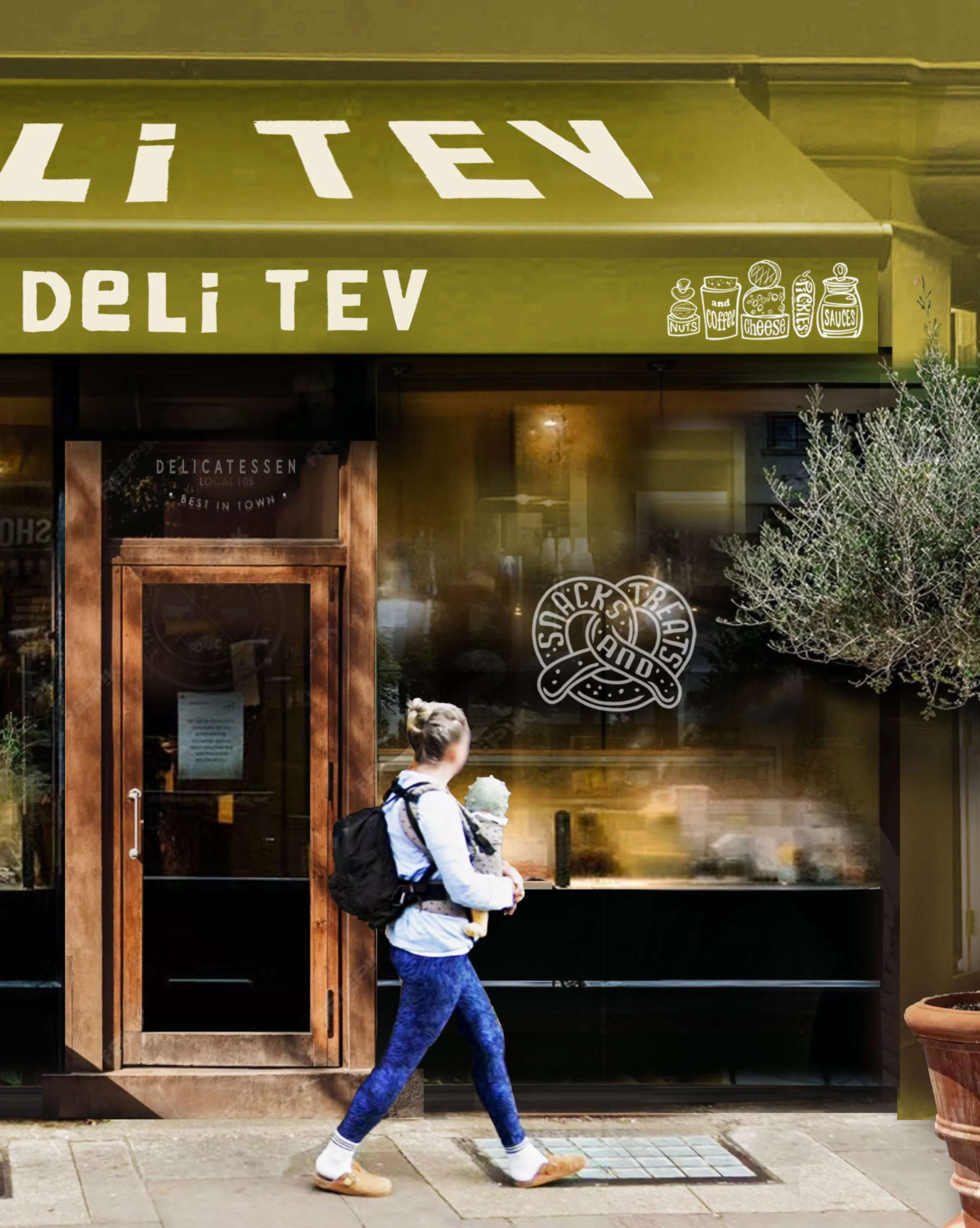A person walking on a sidewalk in front of a glass storefront with images and signs, holding a cup of coffee and carrying a backpack, wearing a blue and white athletic outfit with tan shoes.