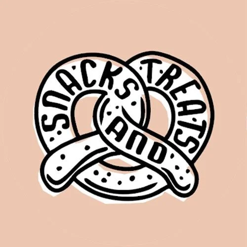 A cartoon-style pretzel with the words 'Snacks' and 'Treats' intertwined on it.