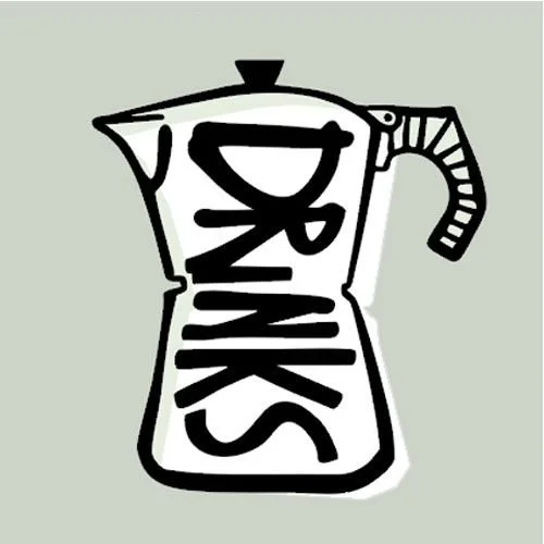 Drawing of a coffee pot with the word "DRINKS" on it.