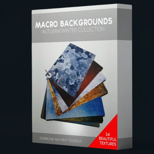 Cover of a collection titled 'Macro Backgrounds Autumn/Winter Collection' showcasing 24 textured wallpaper samples in various colors including blue, brown, and gray, with a red corner label stating '24 Beautiful Textures'.
