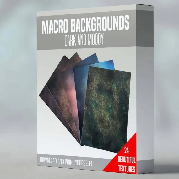A product box for macro backgrounds labeled 'Dark and Moody' featuring four textured digital backgrounds in dark color tones. The box indicates 24 beautiful textures available to download and print.