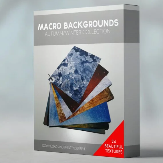 Packaging box for macro background textures collection, titled 'Macro Backgrounds Autumn/Winter Collection', featuring a fan of textured paper samples with 24 different textures, including blue, brown, and gray tones.
