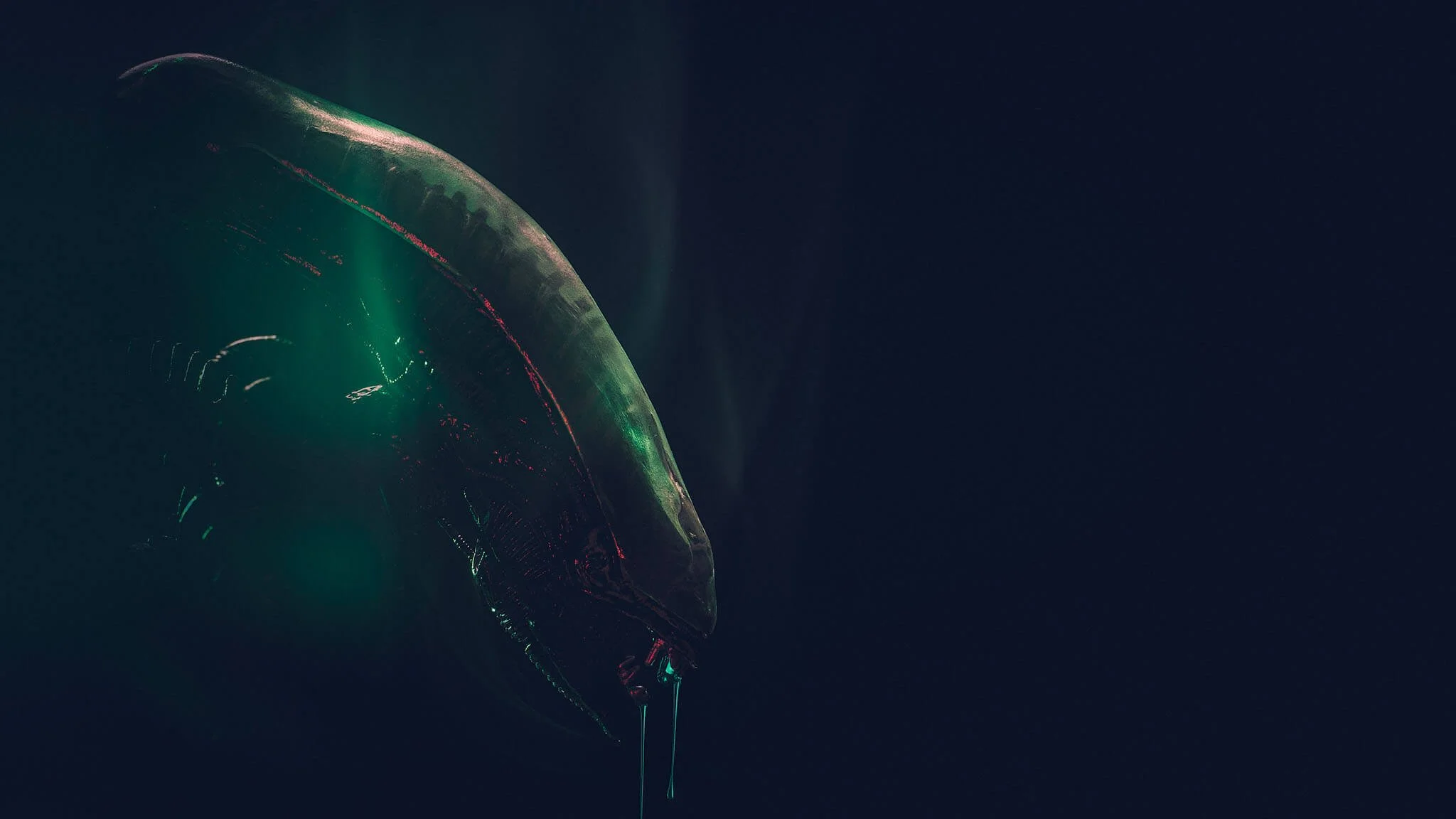 An upside-down view of a futuristic, transparent balloon with glowing green and pink lights against a dark sky.
