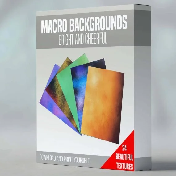 A software box titled 'Macro Backgrounds Bright and Cheerful' showing four colorful textured backgrounds and noting 24 beautiful textures with a 'Download and Print Yourself' prompt.