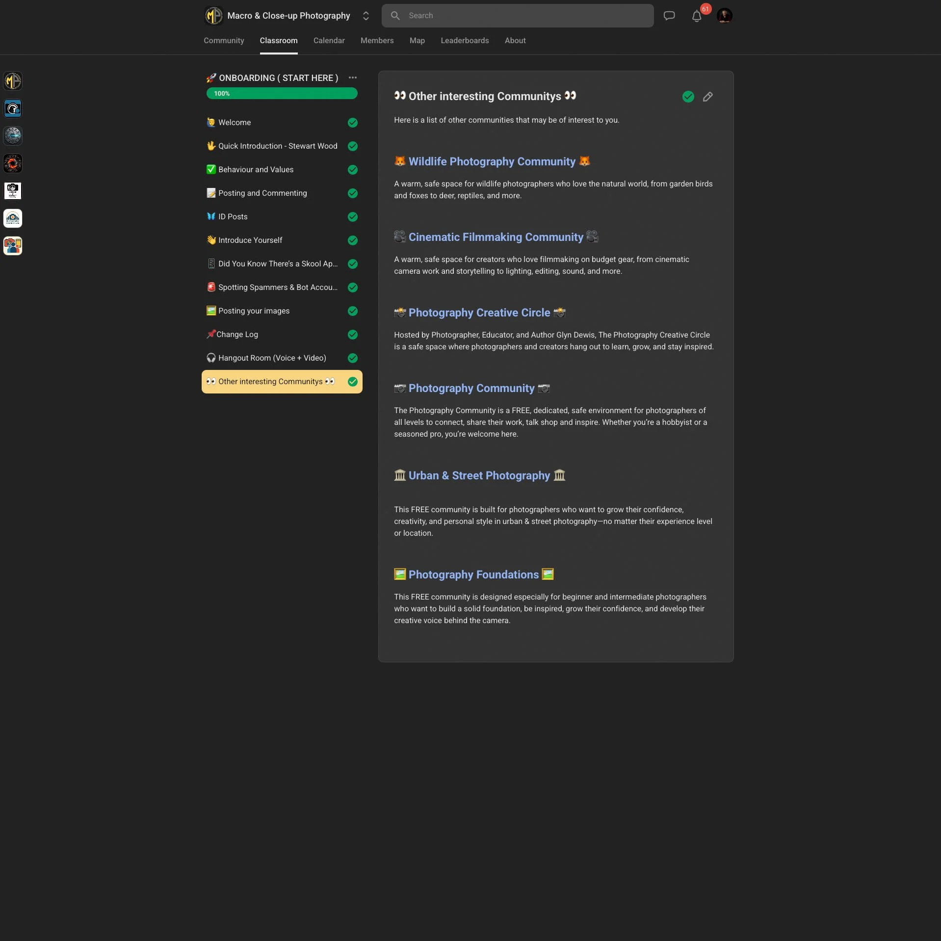 Screenshot of an online photography community website displaying various community groups and information about each group.