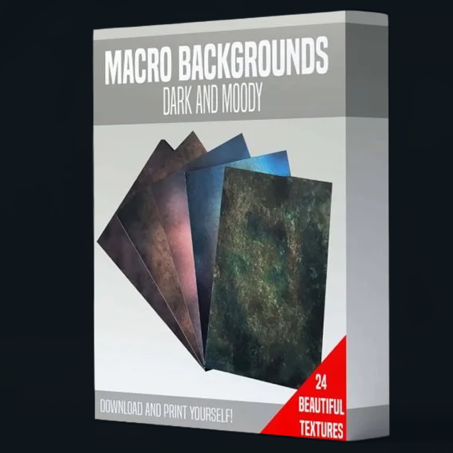 Box of macro backgrounds titled 'Dark and Moody,' featuring 24 textures of dark, moody, and abstract patterns for download and printing.