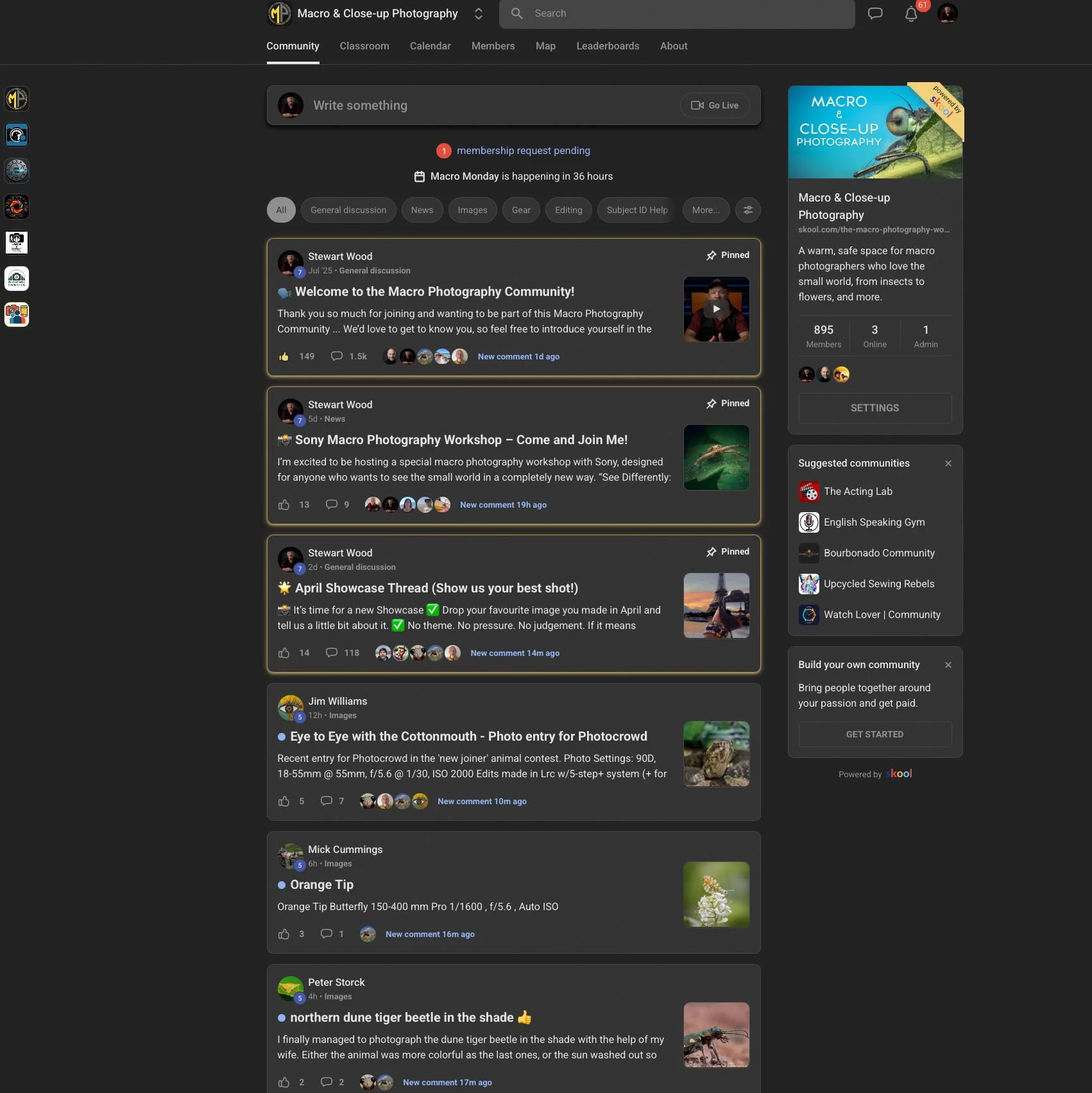 Screenshot of a Facebook community page dedicated to macro and close-up photography, showing various posts about photography topics, including a tutorial on shooting macro with Sony, a showcase thread for best shots, and a post about photographing a dune tiger beetle in the shade.