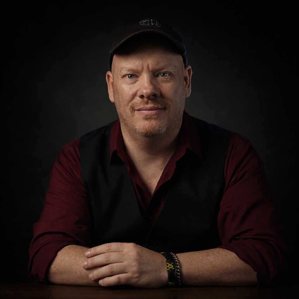 Portrait of a man with light skin, reddish hair, and a beard, wearing a black cap, a dark vest over a crimson shirt, sitting at a table with hands clasped, against a dark background.