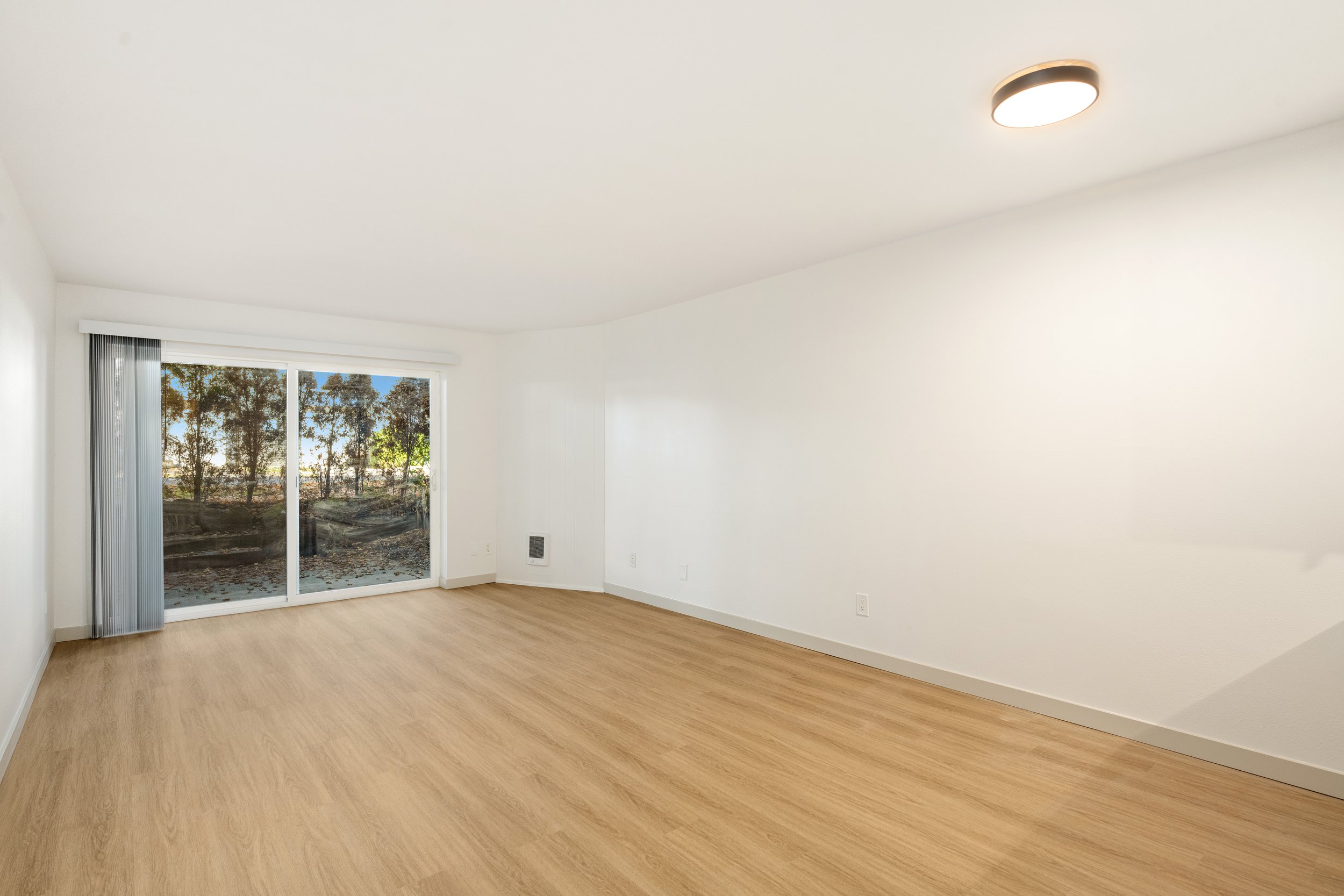 Empty living room with white walls, hardwood flooring, sliding glass door, and ceiling light fixture.