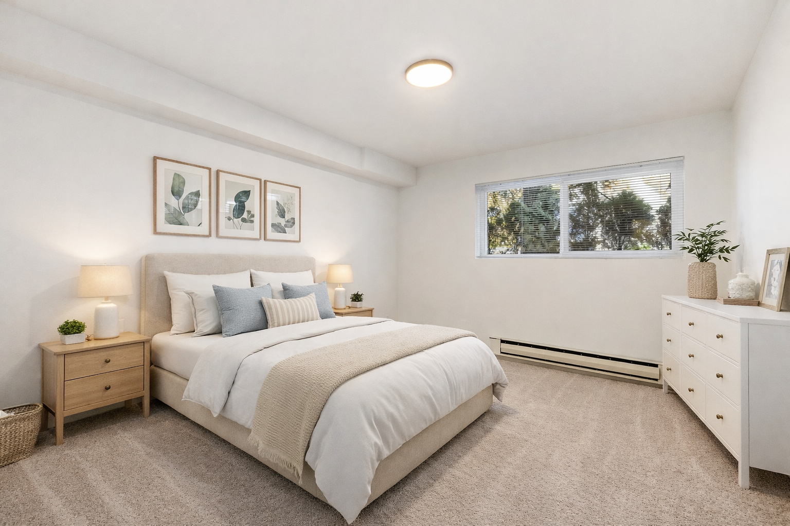 Bright, minimalist bedroom with a large bed, beige headboard, white bedding, and decorative pillows, flanked by two wooden nightstands with lamps. Wall art of three framed leaf prints above the bed, beige carpet, white dresser with plant and photo fr