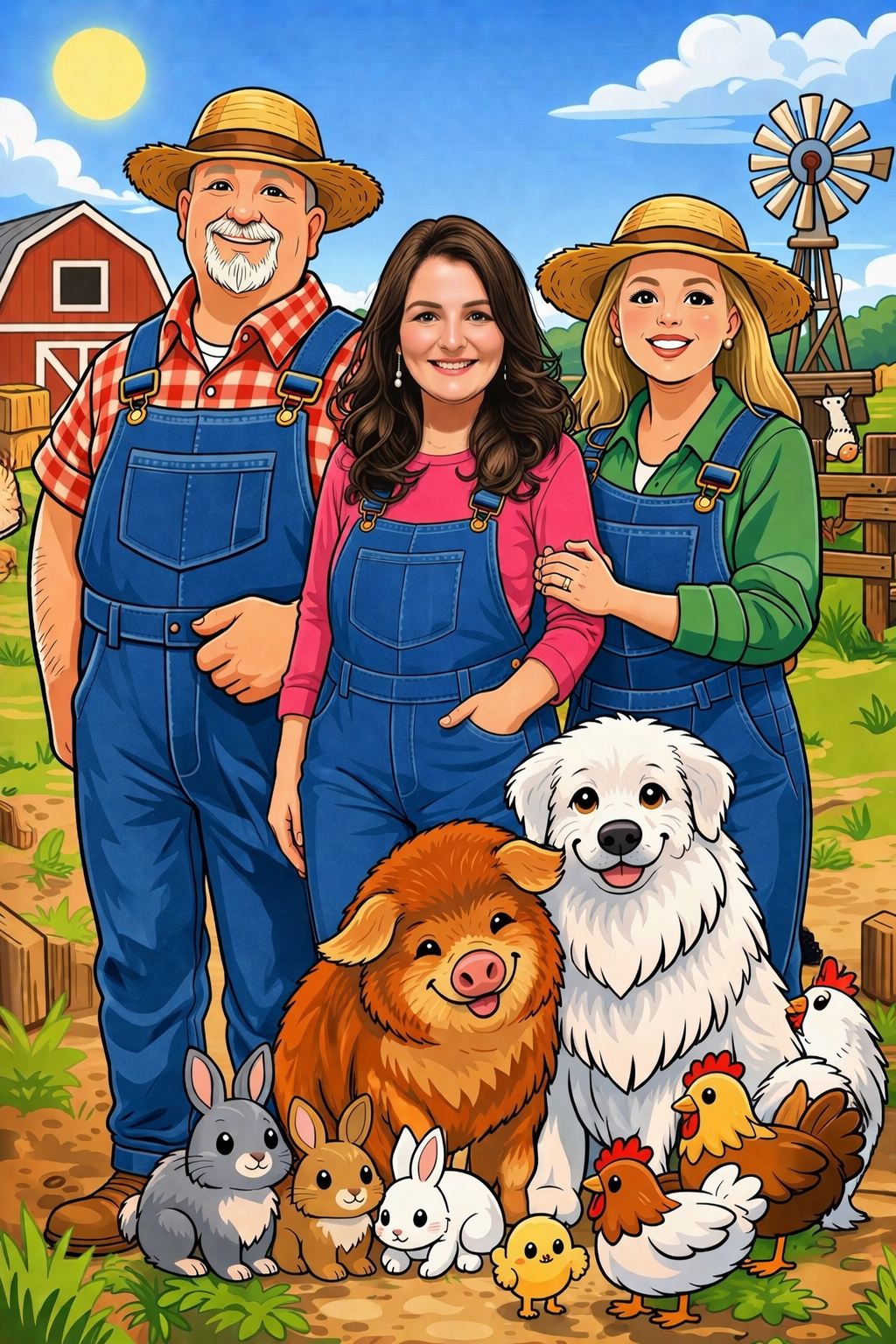 Colorful farm scene with a smiling family of three, two women and a man, all dressed in blue overalls, standing among farm animals including dogs, rabbits, chickens, and guinea pigs. Farm buildings, a windmill, and greenery are visible in the background under a sunny sky.