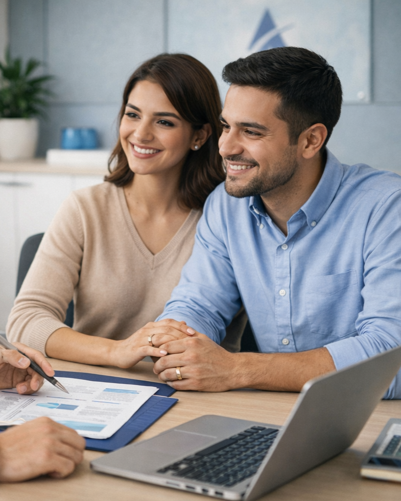 A happy couple holding hands during a financial consultation at an office desk with a document, laptop, and calculator.