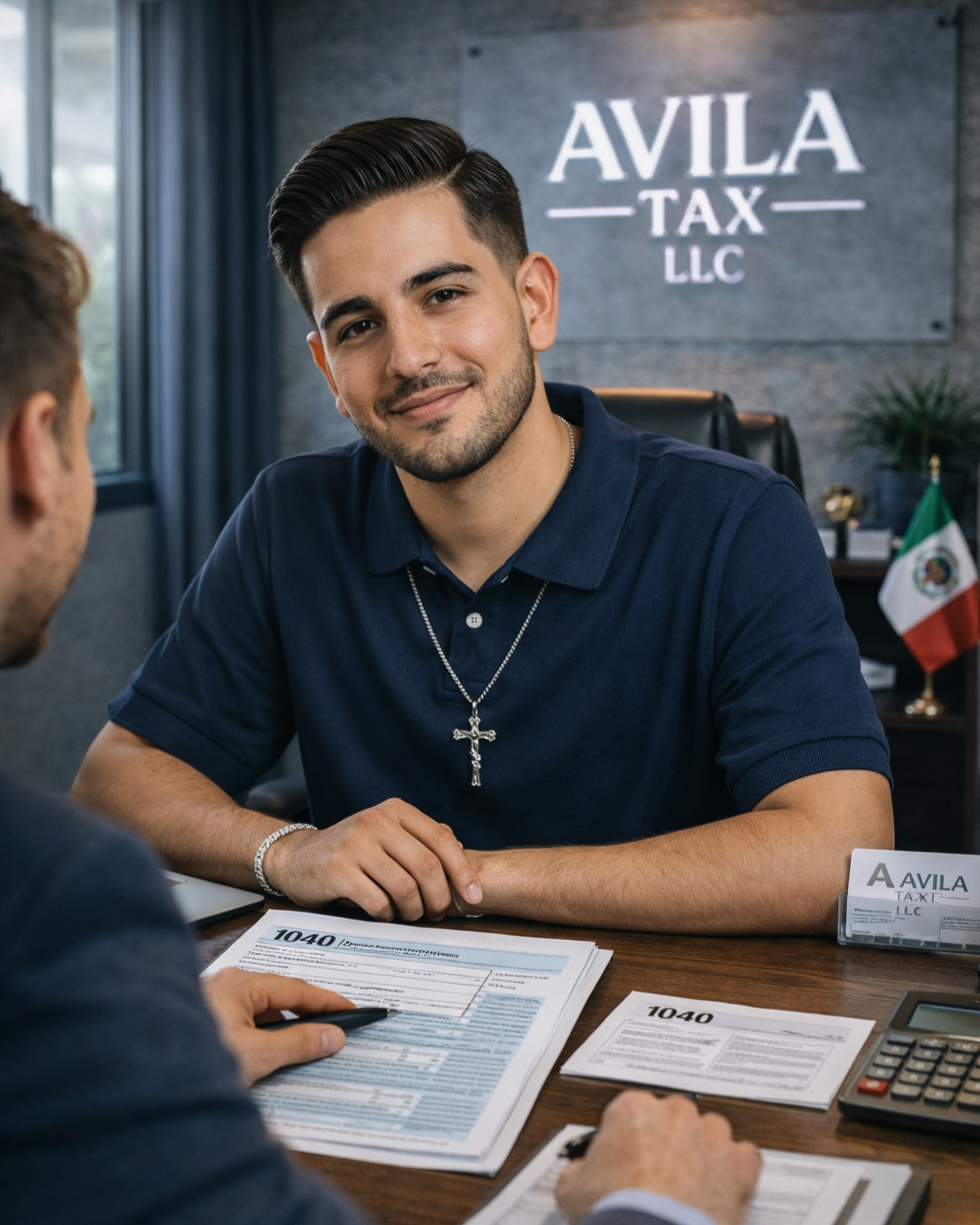 Young man in navy polo smiling during a discussion at Avila Tax LLC with tax documents and a calculator on the desk, Mexican flag and company sign in office background.