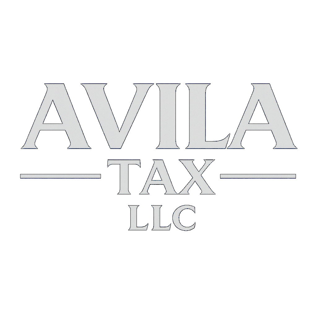 A logo for Avila Tax LLC in silver text on a black background, with the words 'AVILA T A X LLC' centered and separated by two horizontal lines.