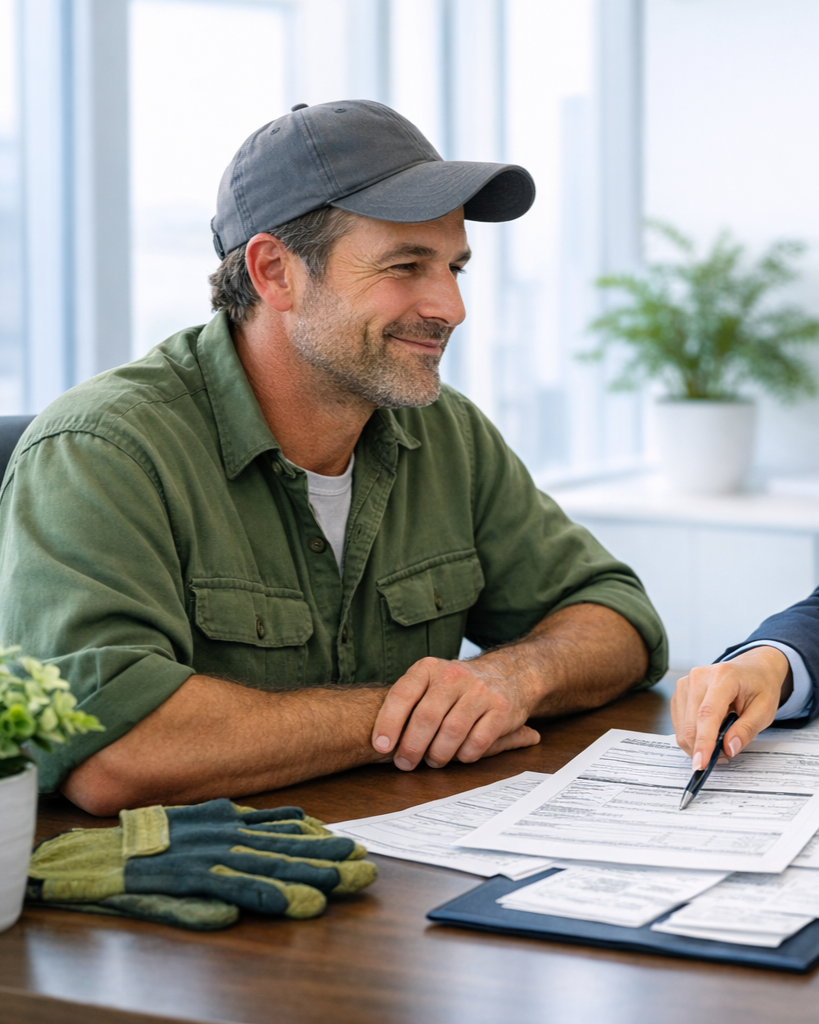A man in a green shirt and gray cap smiling and sitting at a desk with documents, a calculator, gardening gloves, and a potted plant in an office setting.