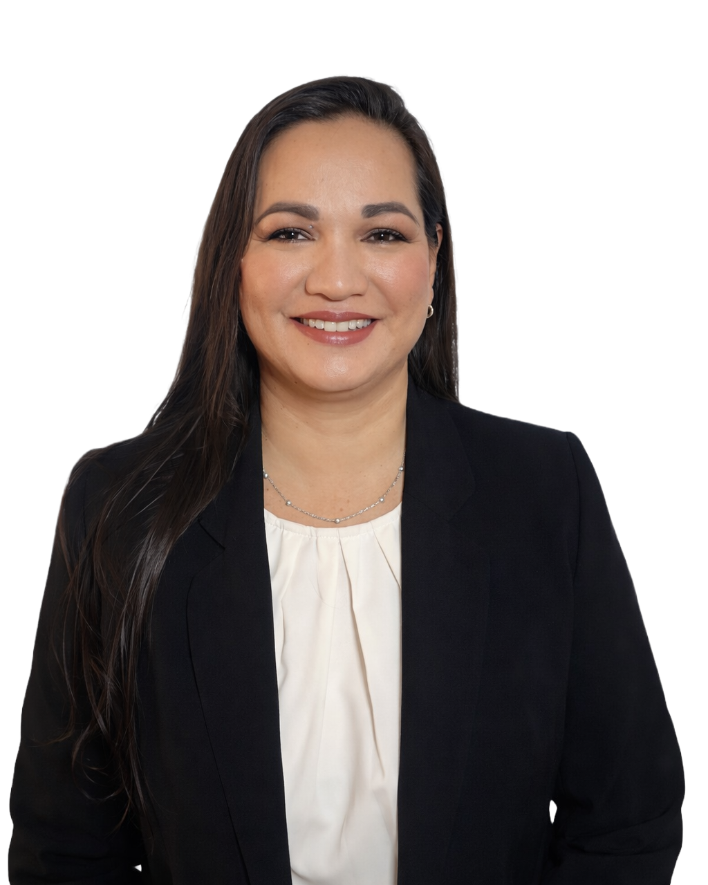 Professional woman with long dark hair wearing a black blazer and a white top, smiling at the camera.