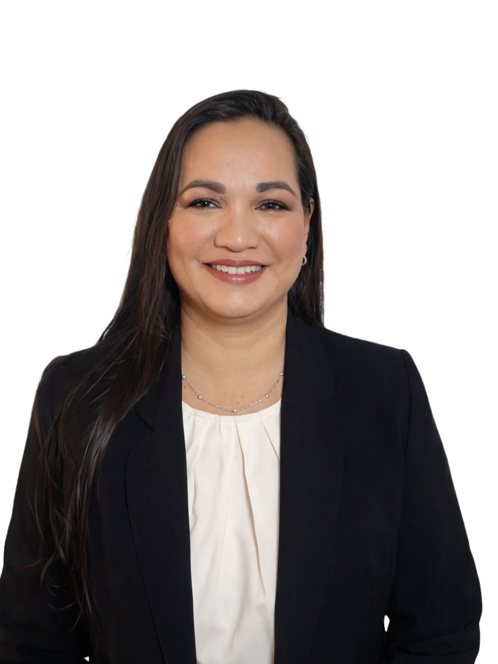 Professional woman smiling, wearing a black blazer and a white blouse, with long dark hair, against a plain white background.