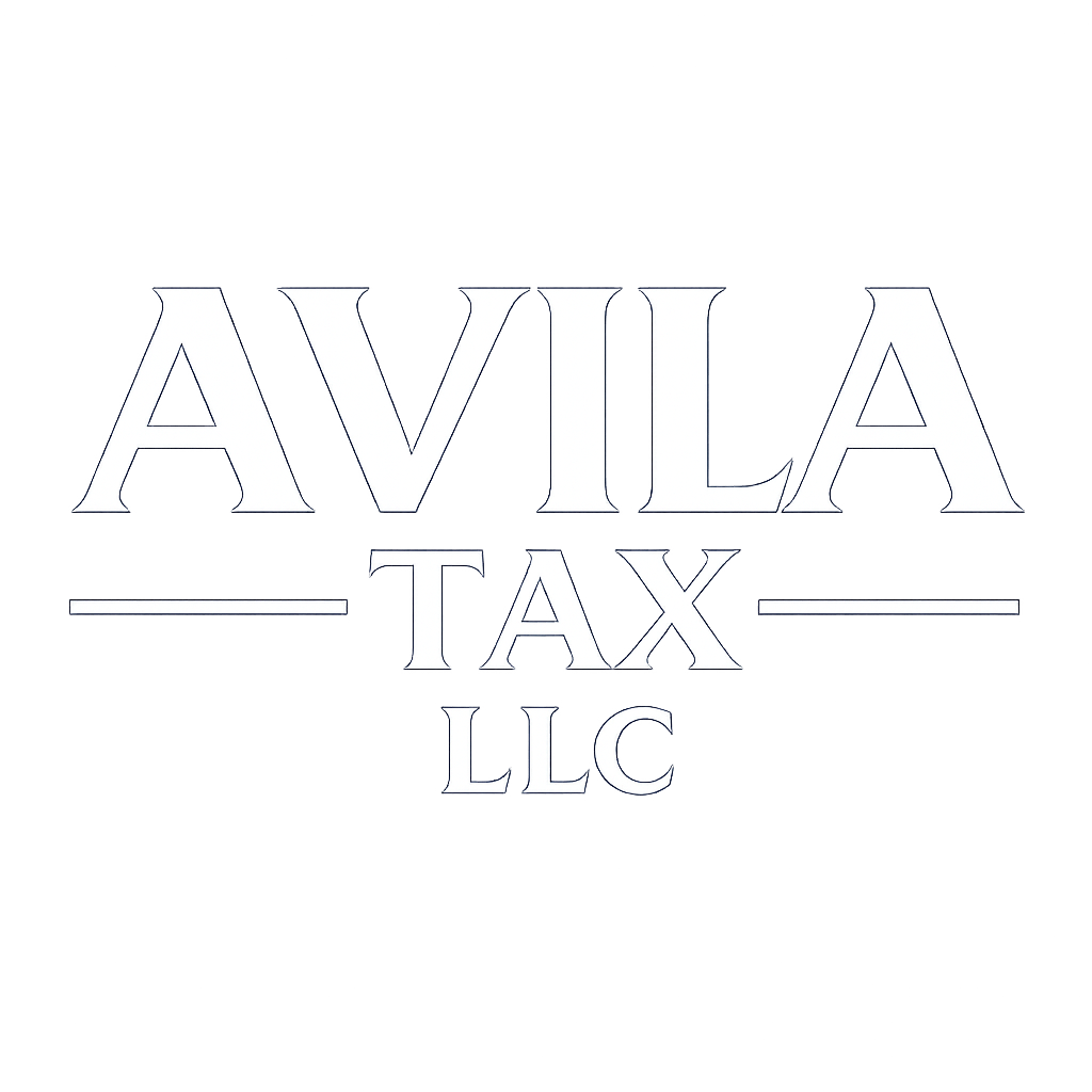 Logo for AVILA TAX LLC in a sleek, modern style with a silver and gray background.