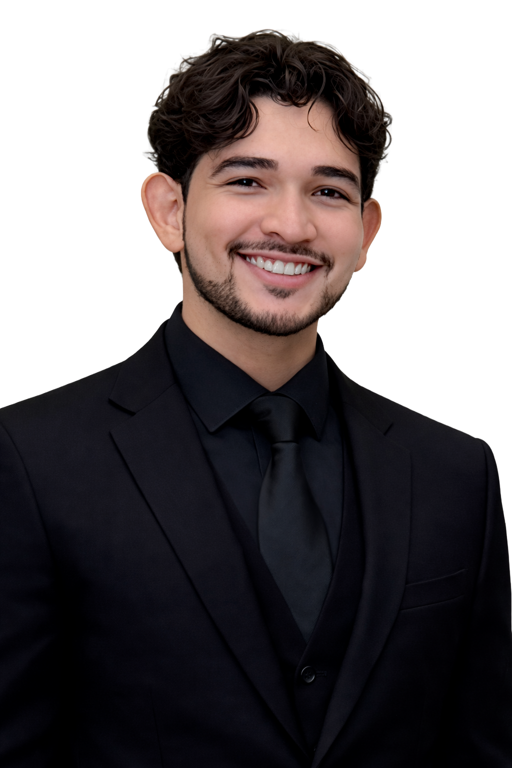 A young man with dark, curly hair and a beard, smiling, wearing a black suit with a matching black dress shirt and tie.