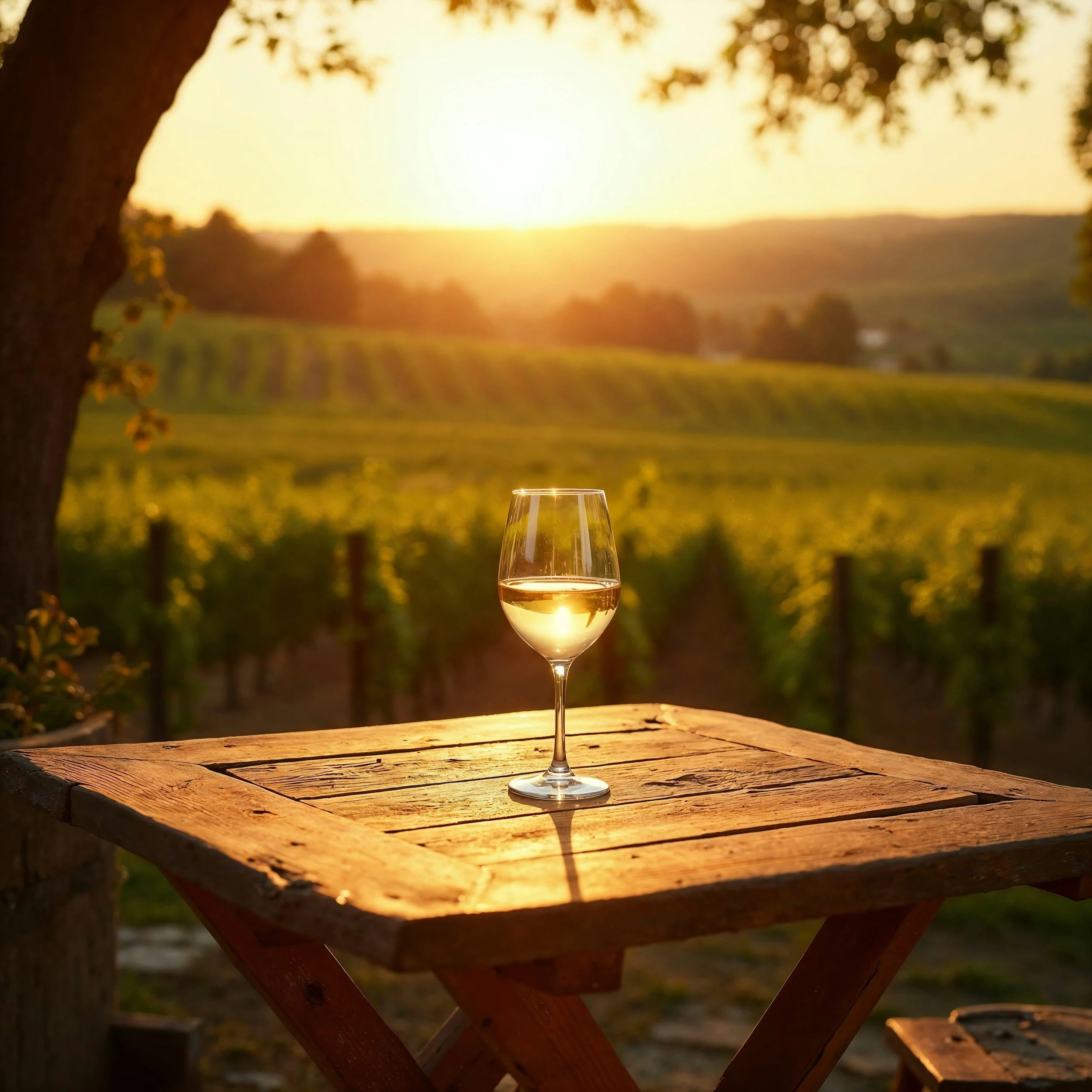 A glass of white wine on a wooden table outdoors during sunset, with a vineyard and rolling hills in the background.