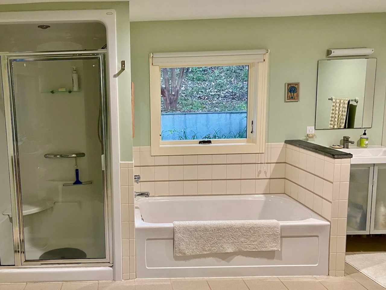 Bathroom with a glass shower stall, a bathtub with a towel, a window showing outdoor greenery, a mirror above the sink, and a cabinet.