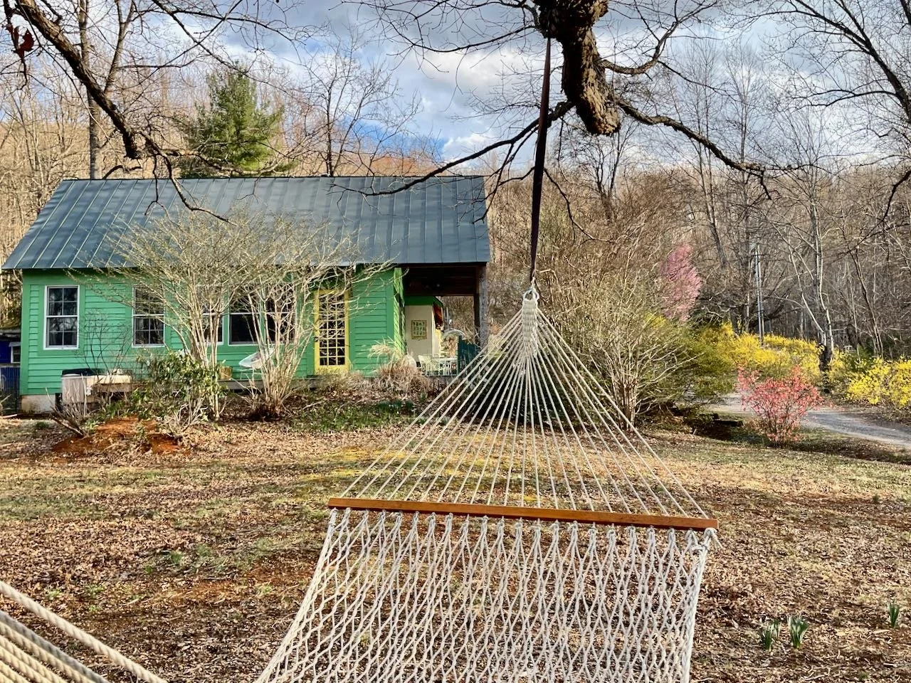 A white hammock hanging from a tree in a backyard with a green house, leafless trees, blooming shrubs, and a partly cloudy sky.