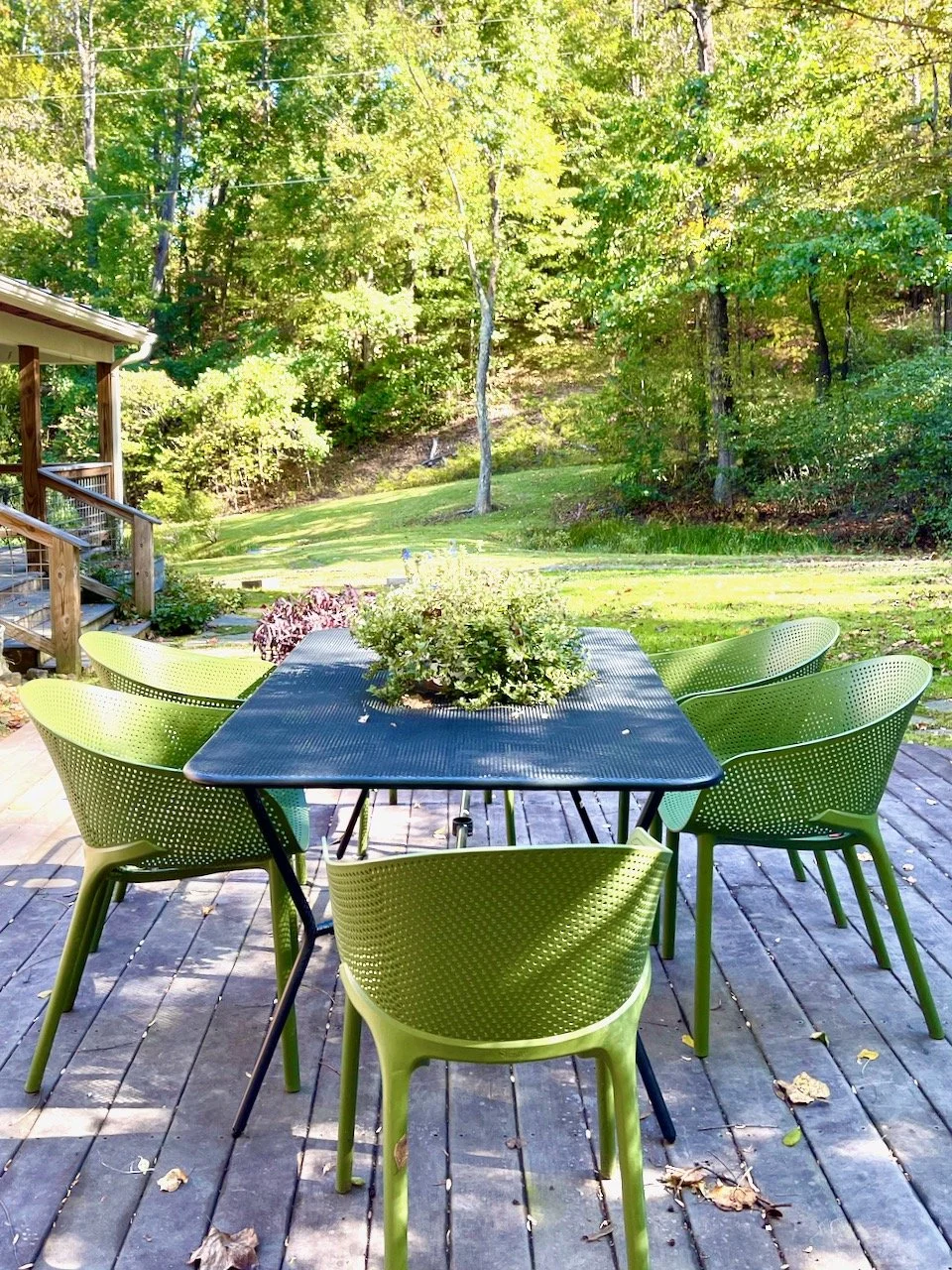 Outdoor patio with a rectangular black table and six lime green chairs, surrounded by a lush green backyard with trees and grass, and a wooden deck with stairs.