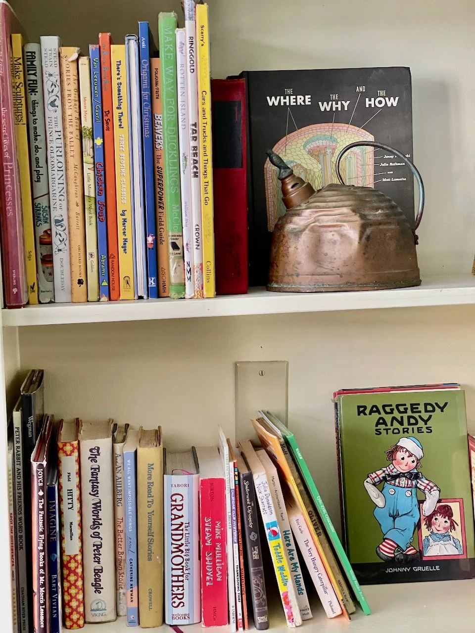Bookshelves with children's books, a book about 'Raggedy Andy', a vintage brass kettle, and a diagram of the brain with labeled parts.