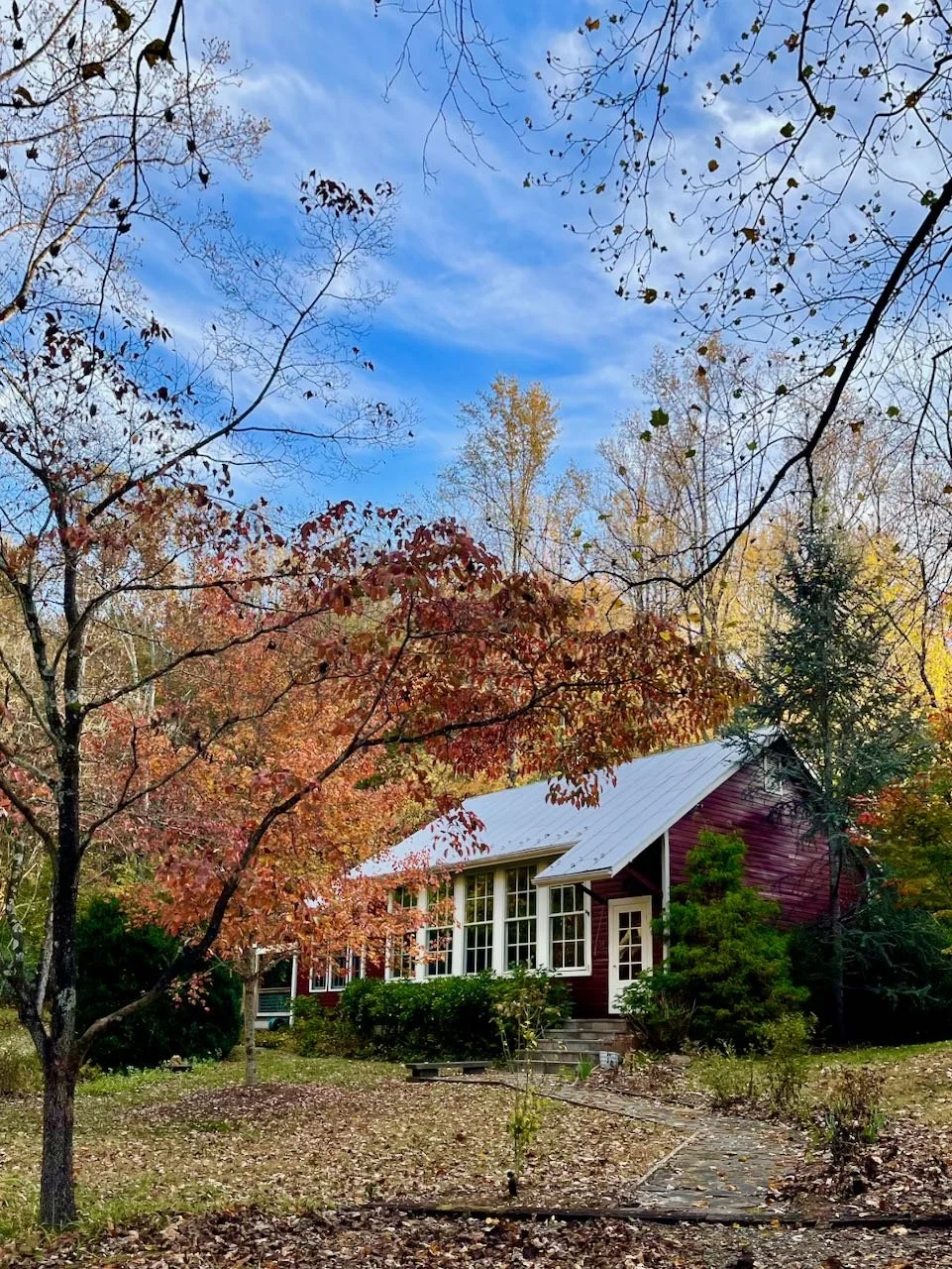 A red wooden house with white trim and a metal roof is surrounded by colorful autumn trees, fallen leaves, and a stone pathway.