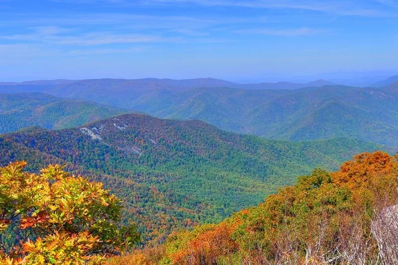 Scenic view of rolling green mountains under a blue sky with scattered clouds, autumn-colored trees in the foreground.