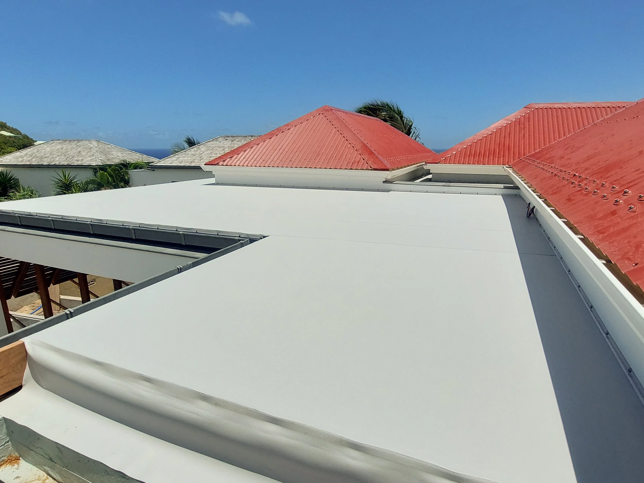 Multiple rooftops with red and gray metal roofing, surrounded by green palm trees, under a clear blue sky.