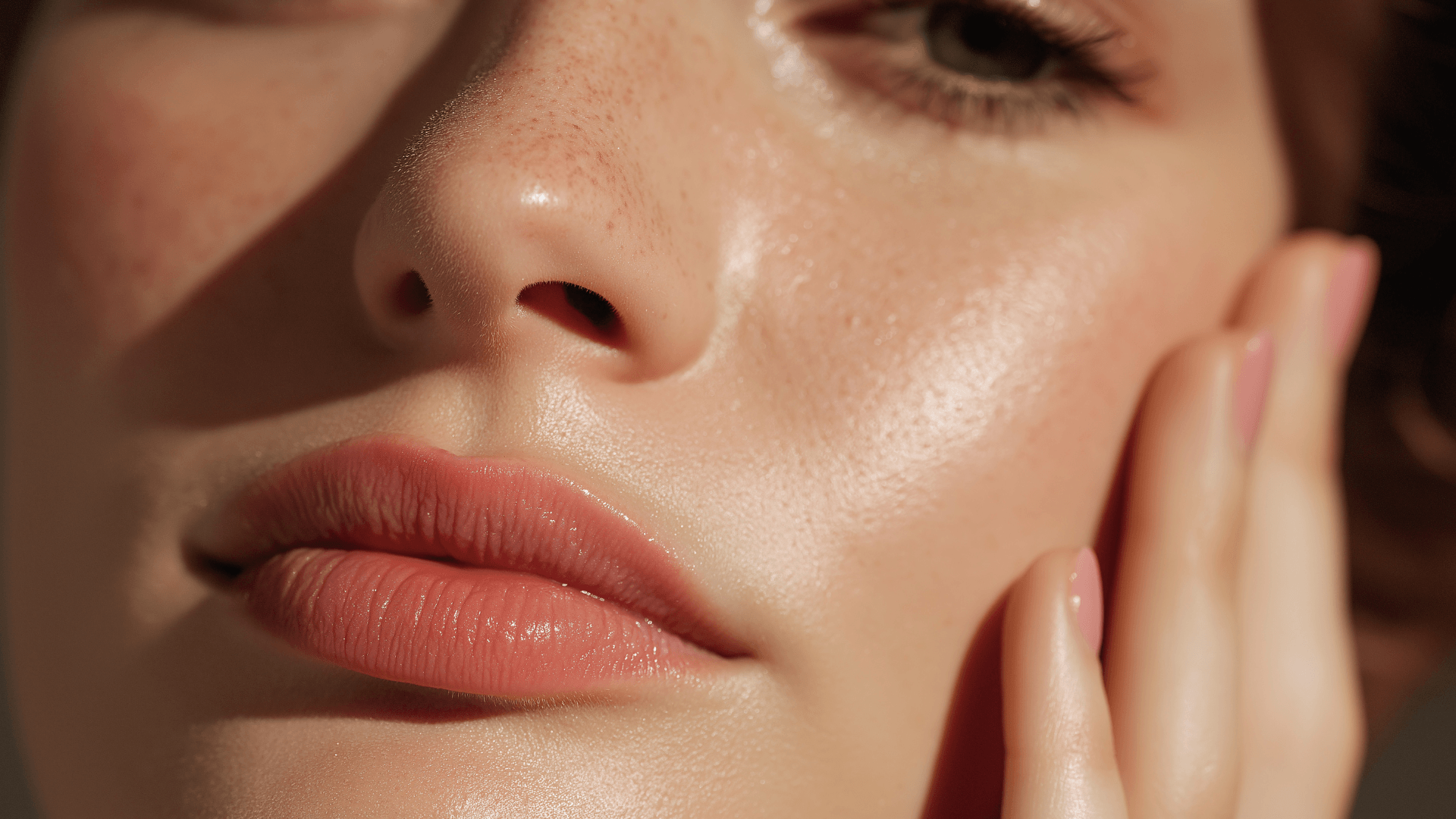 Close-up of a woman's face showing her nose, lips, and part of her eye with her hand touching her cheek.