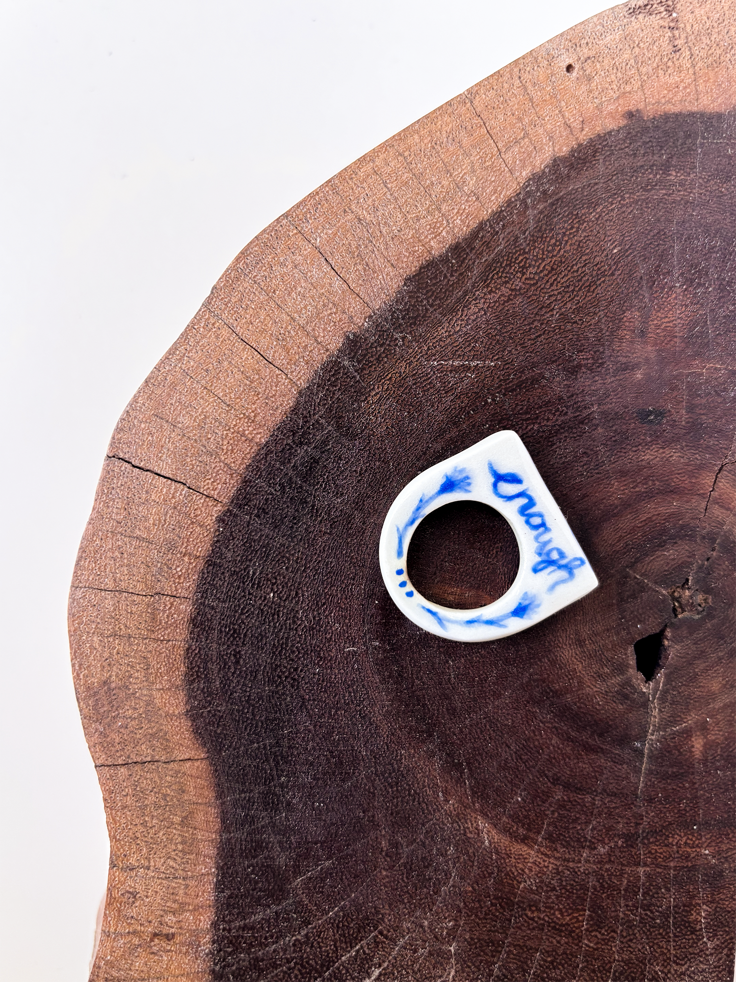 "Good. Enough." Floral Ring — Hand-Painted Delft Blue Porcelain