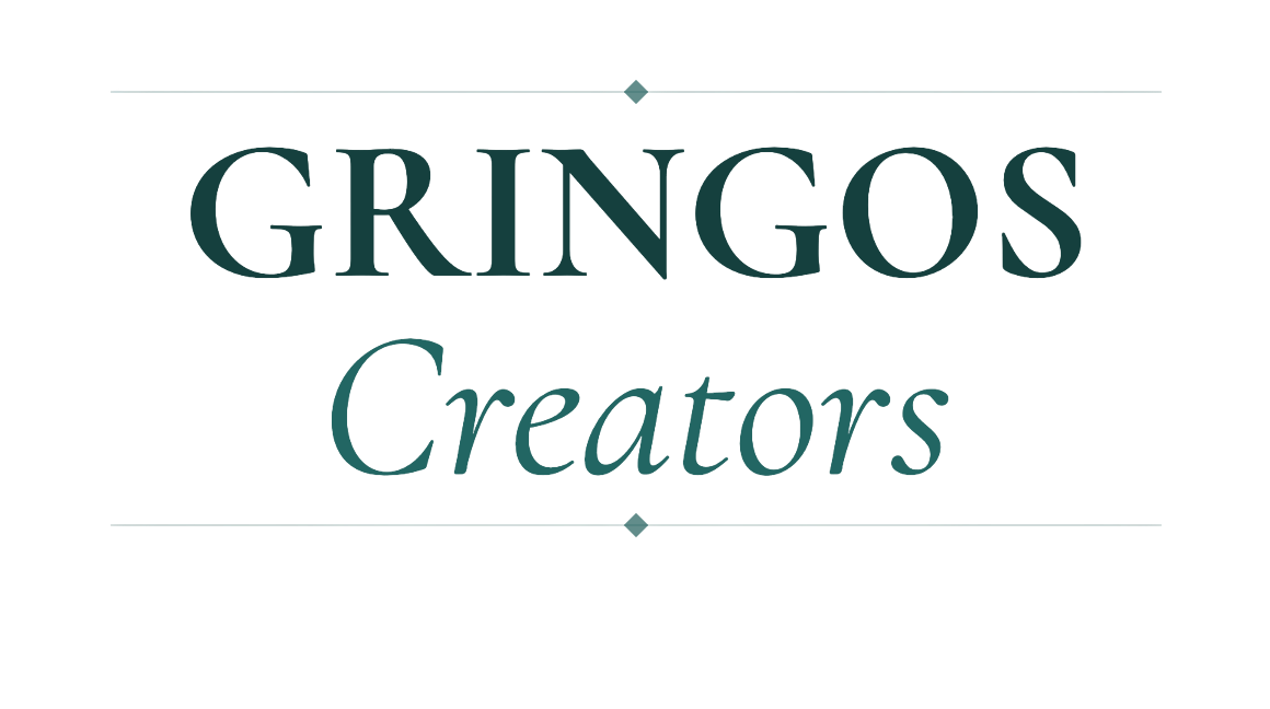 A logo with the words "Gringos Creators" in stylized font, featuring horizontal lines with diamond shapes above and below.