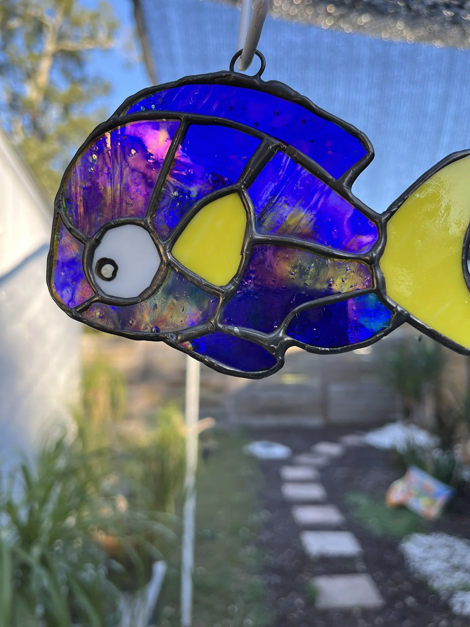 Close-up of a stained glass Blue Fin Tuna fish with iridescent blue, yellow, and white glass pieces.